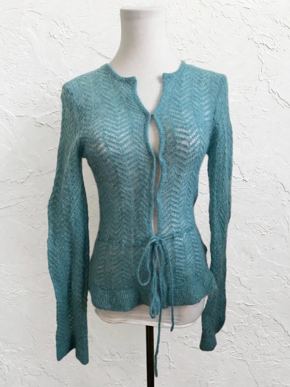 Vintage Blue Mohair Cardigan M Tie Waist Chevron Knit